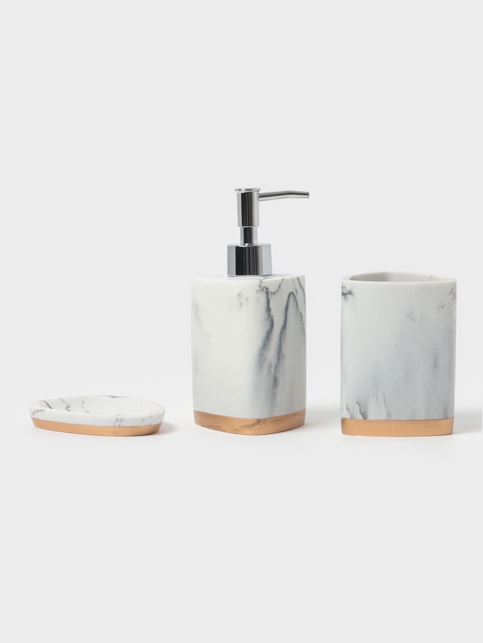 Аксессуары для ванной «Мрамор», 3 предмета, мыльница, дозатор 230 мл, стакан, белые - Фото 1