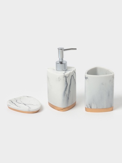Аксессуары для ванной «Мрамор», 3 предмета, мыльница, дозатор 230 мл, стакан, белые