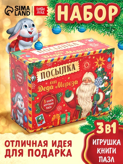 Подарочный набор на новый год «Посылка от Деда Мороза», книги, игрушка и пазл МИКС