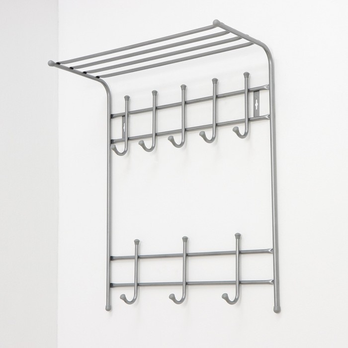 Вешалка настенная с полкой на 8 крючков, 60×25×74,5 см, цвет серебряный - Фото 1