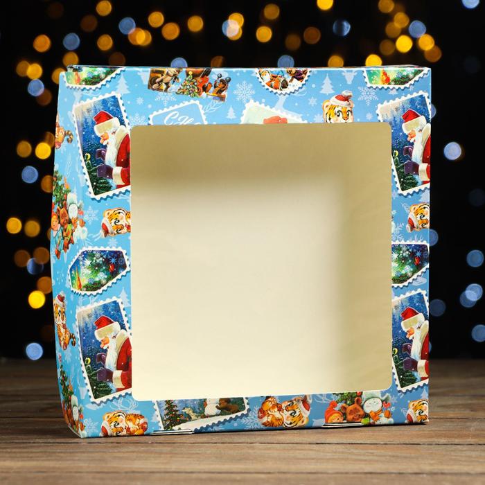 Коробка складная "Новогодние марки", 20 х 20 х 4 см - Фото 1