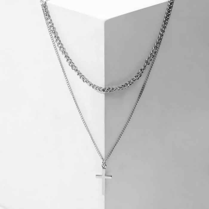 Кулон «Цепь двойная» крестик, цвет серебро, 43 см - Фото 1