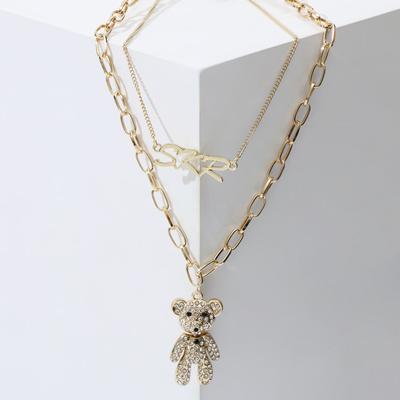 Кулон «Цепь» мишка в стразах, цвет белый в золоте, L=62 см