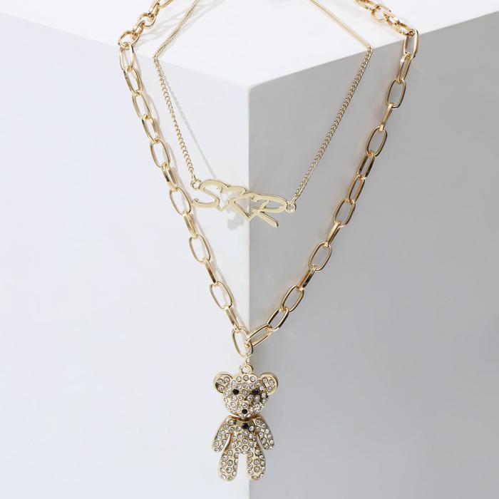 Кулон «Цепь» мишка в стразах, цвет белый в золоте, L=62 см - Фото 1