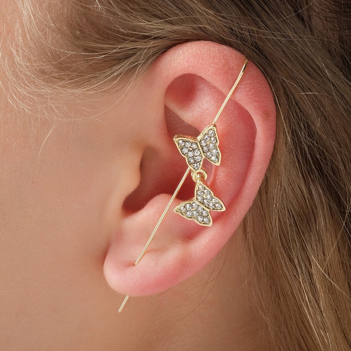 Серьга кафф «Бабочки», белая в золоте - Фото 1