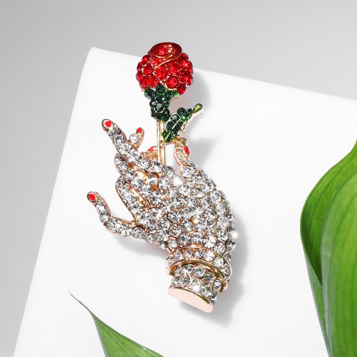 Брошь «Роза» в руке, цветная в золоте - Фото 1