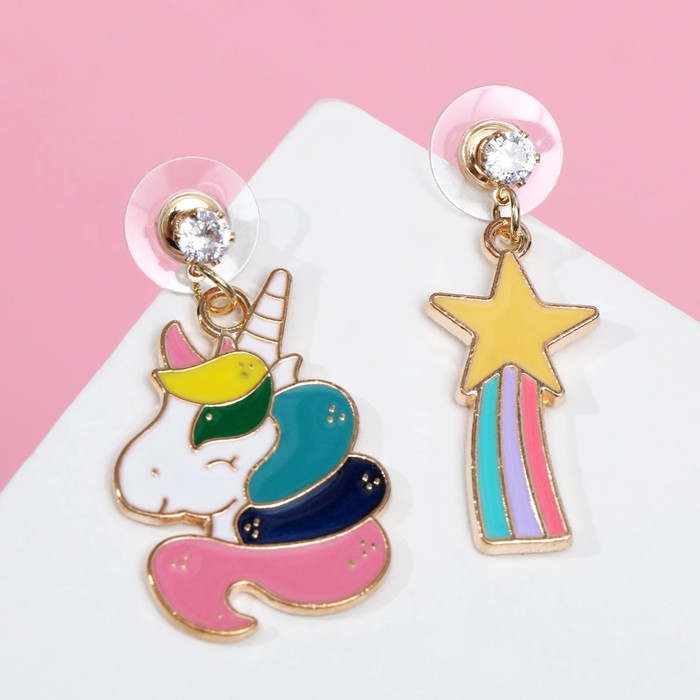 Серьги с эмалью «Единорог» и звезда, цветные в золоте - Фото 1