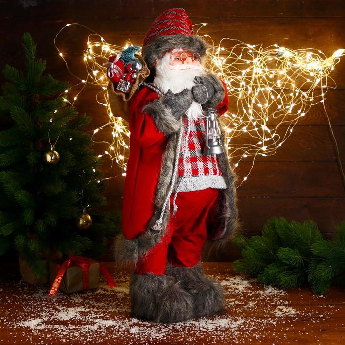 Дед Мороз "В красном клетчатом свитере, с фонариком" 60 см - фото 1908771760