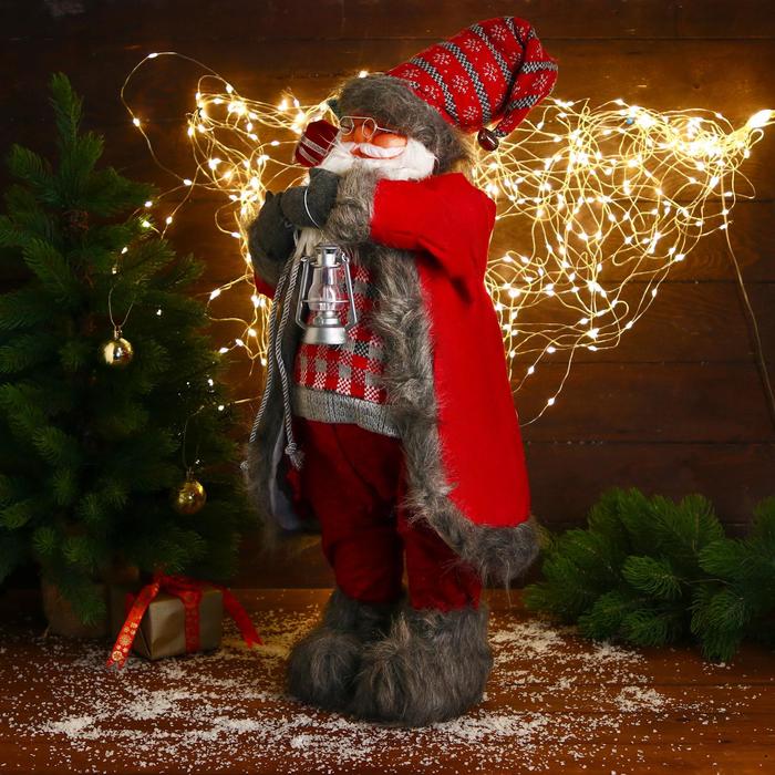 Дед Мороз "В красном клетчатом свитере, с фонариком" 60 см - фото 1908771761