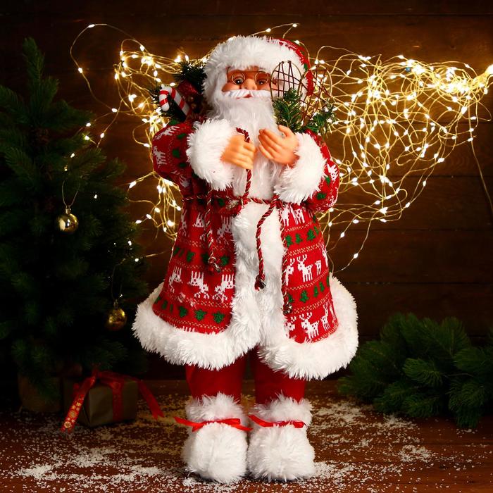 Дед Мороз "В красной шубке с оленями, с веточками" 60 см - Фото 1