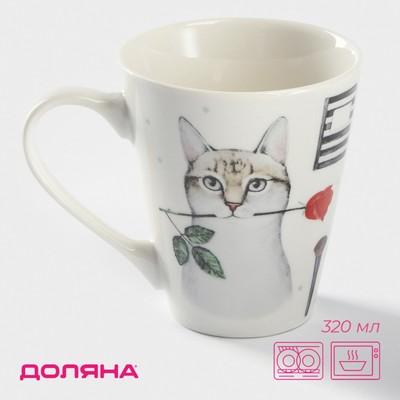 Кружка Доляна «Котик», 320 мл, фарфор, белая
