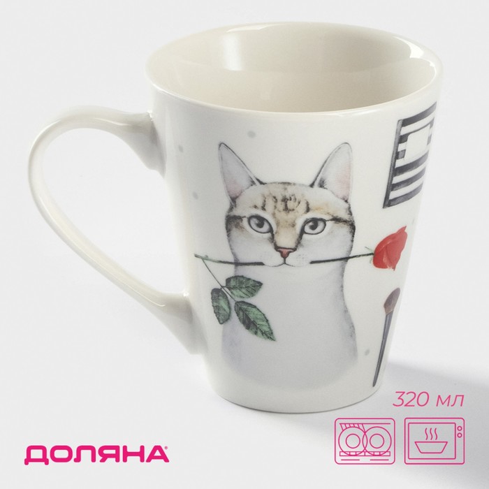 Кружка Доляна «Котик», 320 мл, фарфор, белая - Фото 1