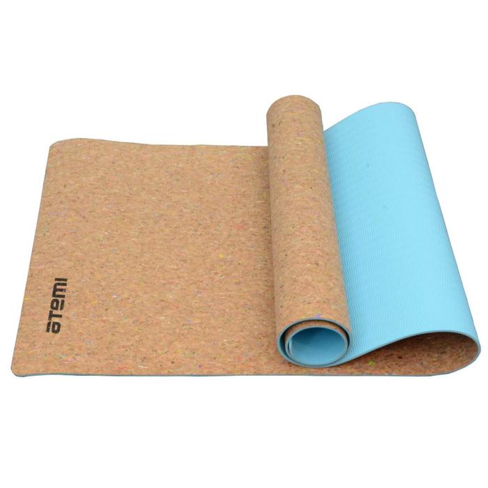 Коврик для йоги и фитнеса Atemi AYM043, TPE, пробка, 173х61х0,4 см, бирюзовый - Фото 1