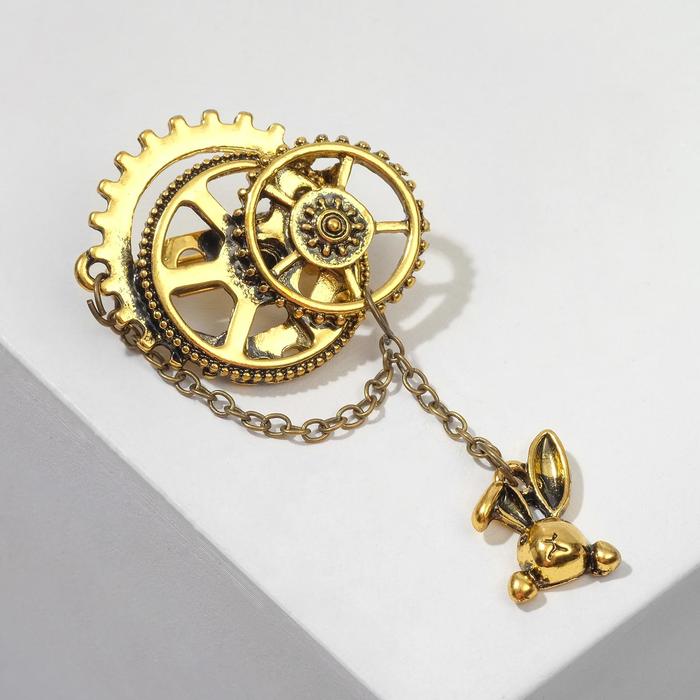 Брошь «Сказочный кролик» шестерёнки, цвет чернёное золото - Фото 1
