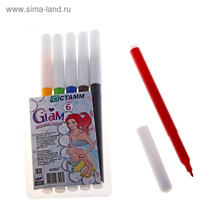 Фломастеры 6 цветов GLAM, вентилируемый колпачок, длина линии письма более 400 м, европодвес - Фото 1