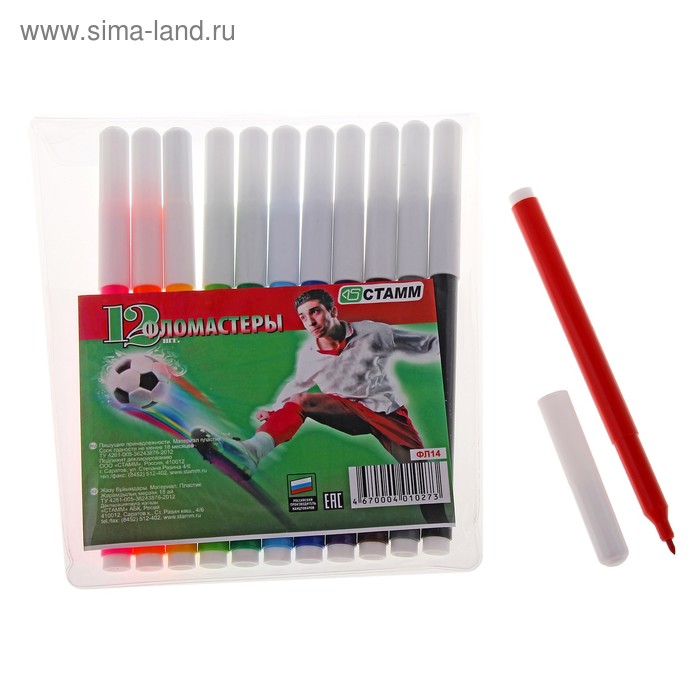 Фломастеры 12 цветов "Футбол", вентилируемый колпачок, длина линии письма более 400 м, европодвес - Фото 1
