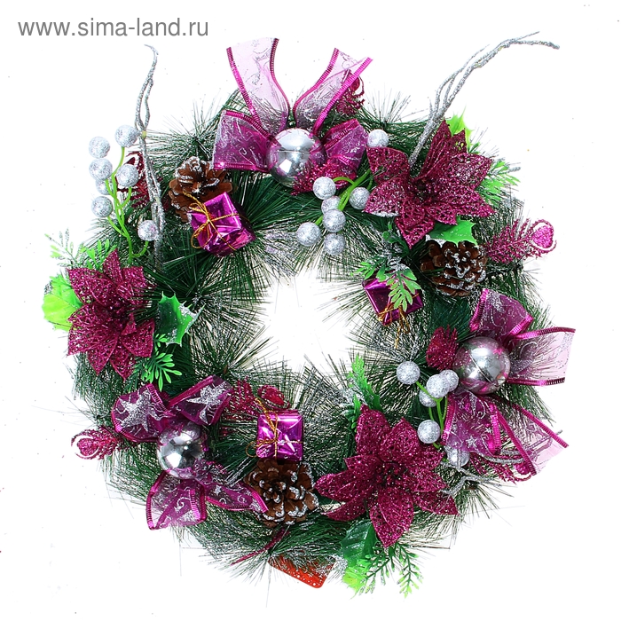 Венок новогодний d-29 см "Фиолетовые лилии и подарки" - Фото 1