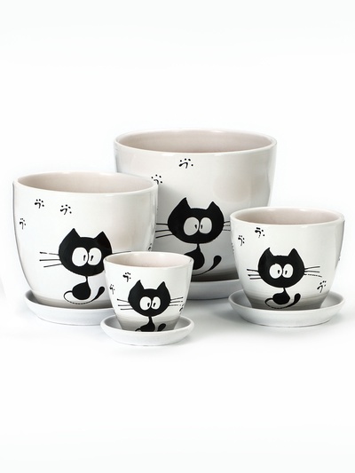 Набор горшков для цветов «Котофей», белый, керамика, 4 шт.: 5 л, 2.5 л, 1 л, 400 мл