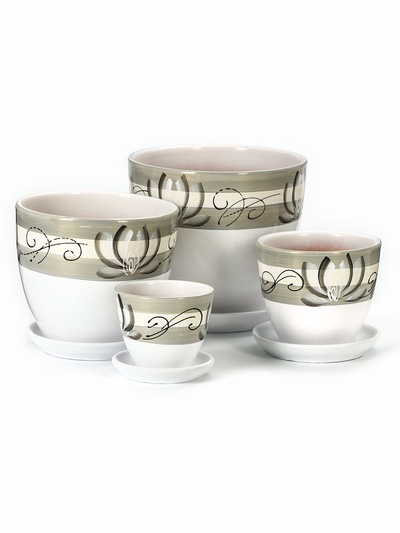 Набор горшков для цветов «Лотос», 4 шт., с поддоном, 0.4 / 1 / 2.5 / 5 л, керамика, белые с зелёными полосками