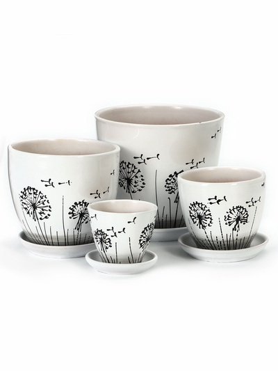 Набор горшков для цветов «Одуванчик», 4 шт., с поддоном, 0.4 / 1 / 2.5 / 5 л, керамика, белые с чёрным рисунком