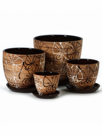 Набор горшков для цветов «Витраж», 4 шт., с поддоном, 0.4 / 1 / 2.5 / 5 л, керамика, коричневые с рисунком