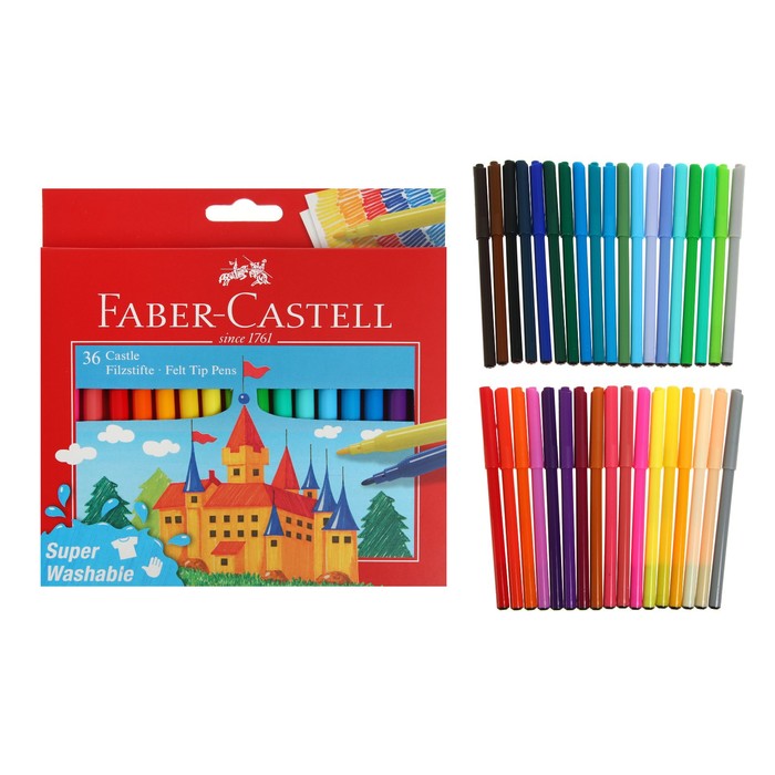 Фломастеры Faber-Castell «Замок» смываемые, в картонной коробке с европодвесом, 36 цветов - Фото 1