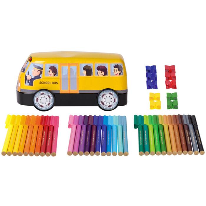 Фломастеры Faber-Castell Connector School Bus + 10 клипов, в металлической коробке, 33 цвета - Фото 1