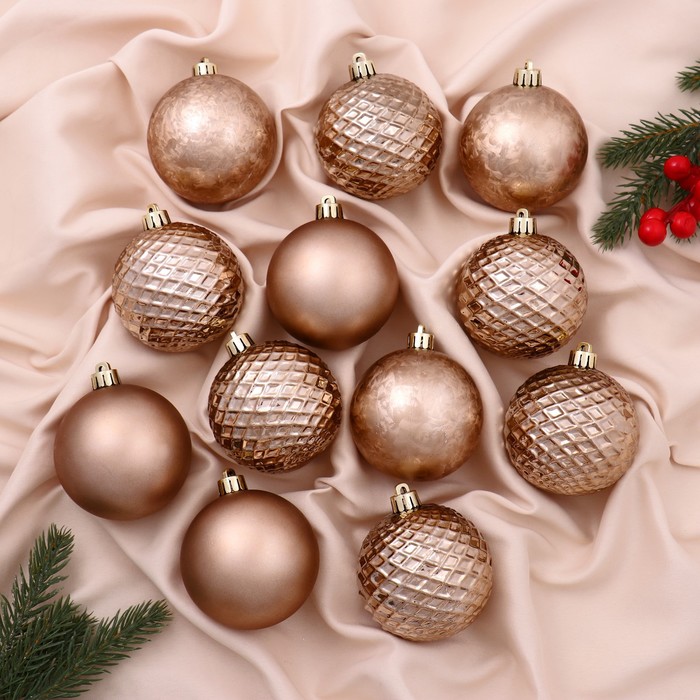 Ёлочные игрушки «Алета сеточка», шары новогодние, d=7 см, набор 12 шт., коричневый - Фото 1
