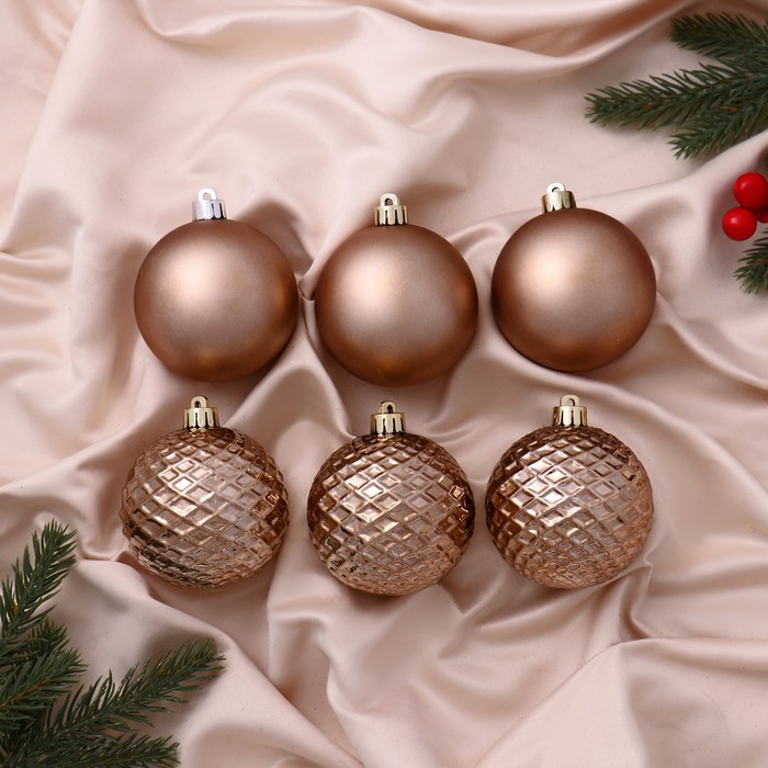 Ёлочные игрушки «Алета сеточка», шары новогодние, d=7 см, набор 6 шт., коричневый - Фото 1