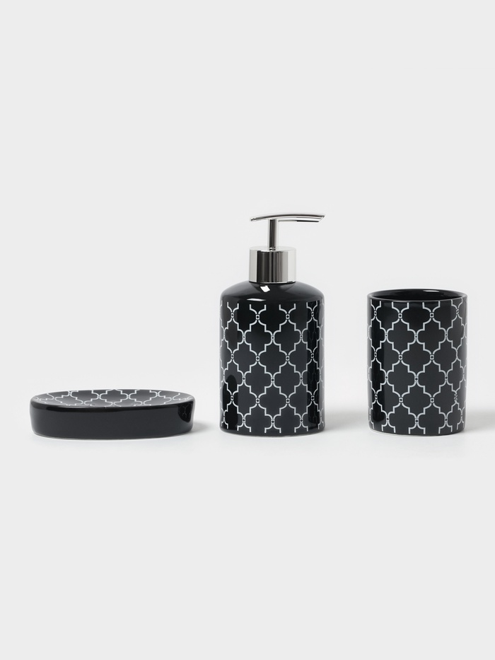 Набор аксессуаров для ванной комнаты Доляна «Марокко», 3 предмета, мыльница, дозатор для мыла, стакан, чёрный