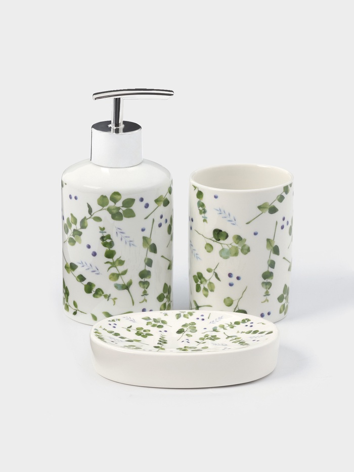 Набор аксессуаров для ванной комнаты Доляна «Эвкалипт», 3 предмета, мыльница, дозатор для мыла, стакан - Фото 1