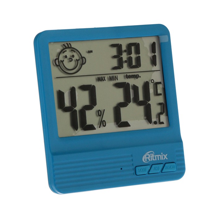 Метеостанция RITMIX CAT-052, комнатная, термометр, гигрометр, будильник, 1хААА, синяя - Фото 1