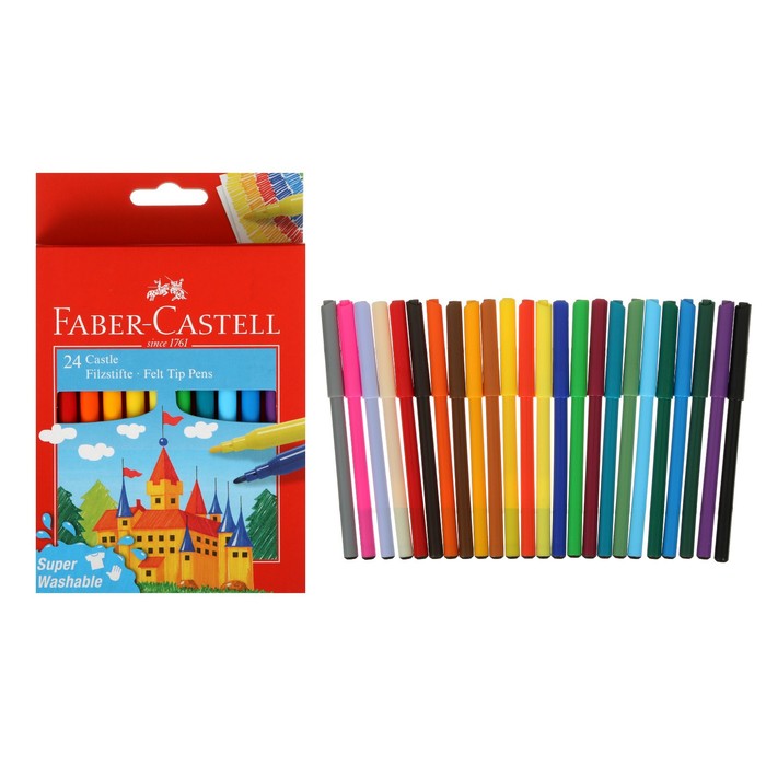 Фломастеры 24 цвета Faber-Castell "Замок", смываемые, в картонной коробке с европодвесом - Фото 1