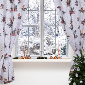 Новогодний комплект штор для кухни с подхватами "Beautiful birds" 145х180см-2 шт., габардин