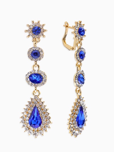 Серьги висячие со стразами «Вечерние» мадам, цвет бело-синий в золоте, 7 см