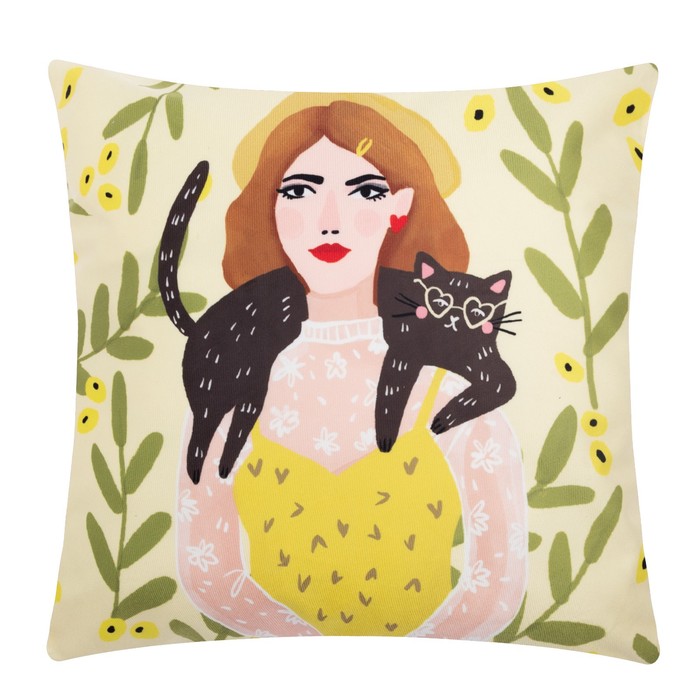 Наволочка декоративная Этель «Девушка с котом» 40×40 см, 100% п/э, велюр - Фото 1
