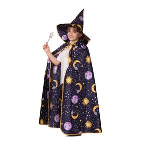 Карнавальный костюм «Плащ Звездочёта», сатин, принт, шляпа, волшебная палочка, р. 30, рост 116 см