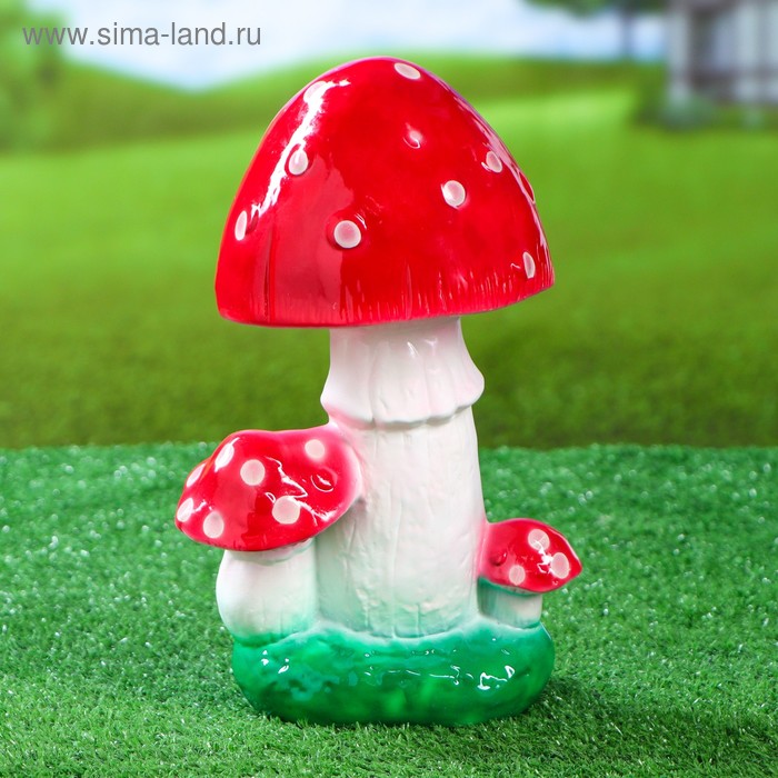 Садовая фигура "Три мухомора на траве", белый цвет, керамика, 28 см - Фото 1