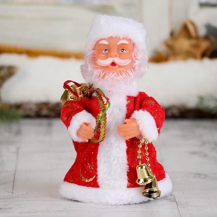 Дед Мороз "Красная шубка, с колокольчиком" двигается, 17,5 см - фото 1908239197
