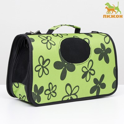 Сумка - переноска «Цветы», размер S, 37.5×17×22 см, каркасная, зелёная