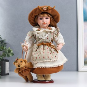 Кукла коллекционная керамика "Сонечка в бежевом платье в горох, с медведем" 30 см