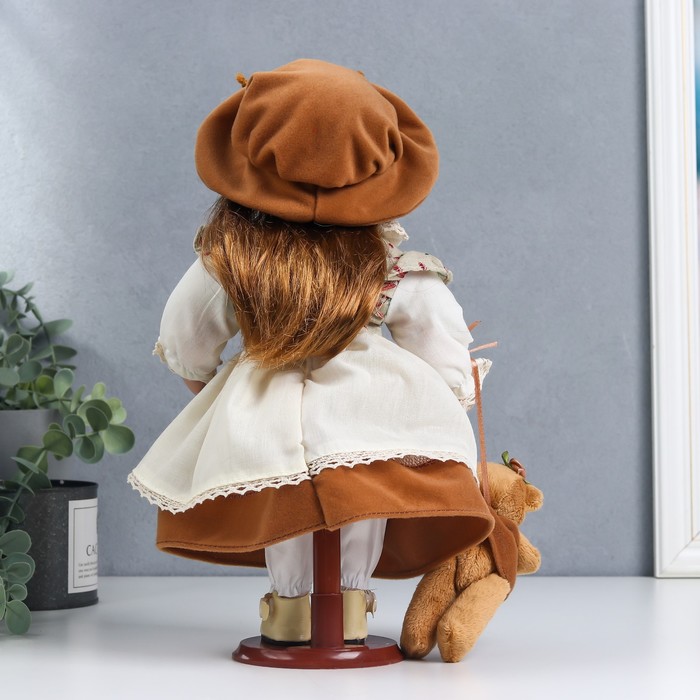 Кукла коллекционная керамика "Сонечка в бежевом платье в горох, с медведем" 30 см 51480