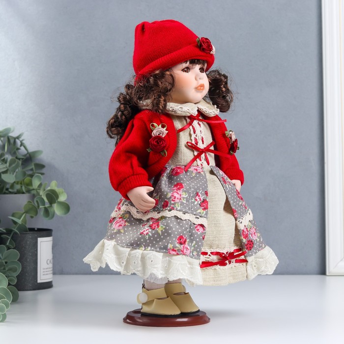 Кукла коллекционная керамика "Лиза в платье с цветами, в красном жакете" 30 см - фото 1897048644