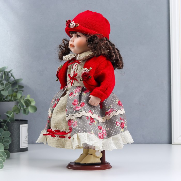 Кукла коллекционная керамика "Лиза в платье с цветами, в красном жакете" 30 см - фото 1897048645