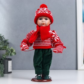 Кукла коллекционная керамика "Паша в красном зимнем свитере, шапке и шарфе" 30 см