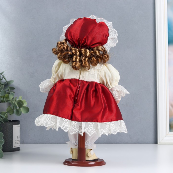 Кукла коллекционная керамика "Мила в красно-белом платье и чепчике" 30 см 51487