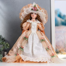 Кукла коллекционная керамика "Леди Виктория в нежно-персиковом платье, с зонтом" 45 см