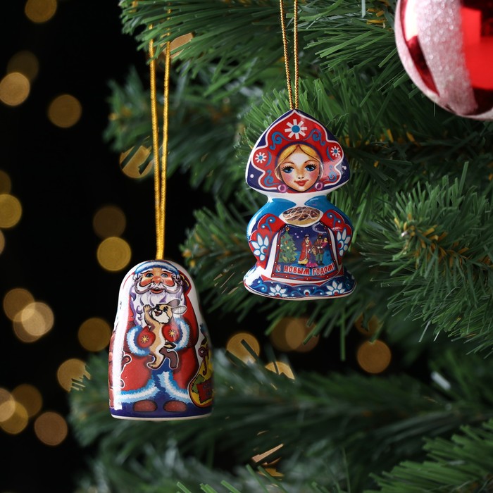 Набор ёлочных игрушек "Дед Мороз и Машенька", 6 см - фото 1908778008