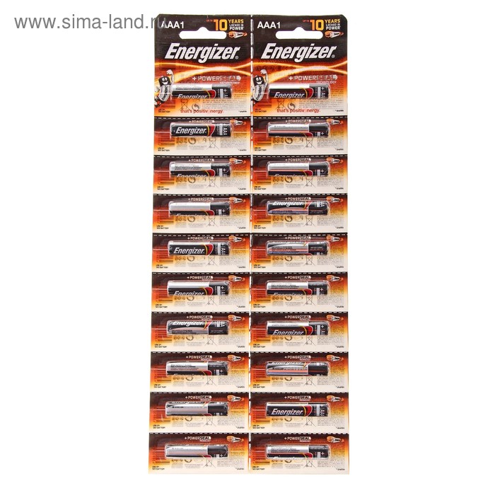 Батарейка алкалиновая Energizer +PowerSeal, AAA, LR03-20BL, 1.5В, отрывной блистер, 20 шт. - Фото 1