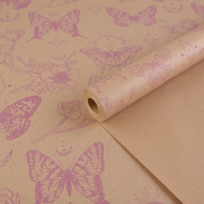 Бумага упаковочная крафтовая бурая «Бабочки», в рулоне 0,68 x 8 м